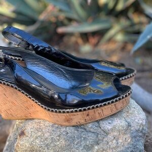 STUART WEITZMAN | Black Patent Peep-Toe Cork Wedge Slingback 8